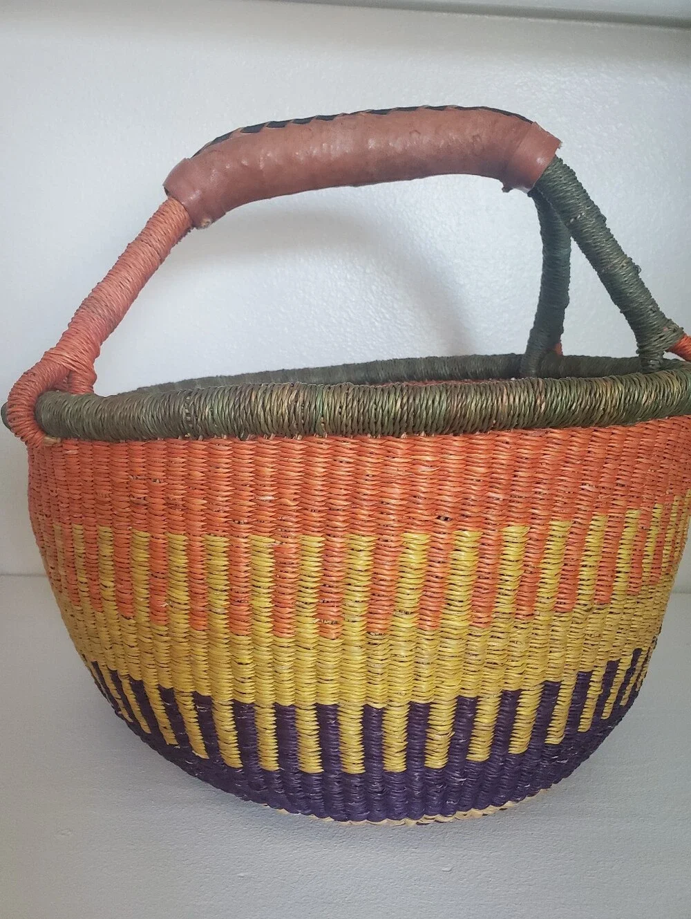Large Colorful Basket Leather Handle Home Decor Boho Farmhouse Coastal Western